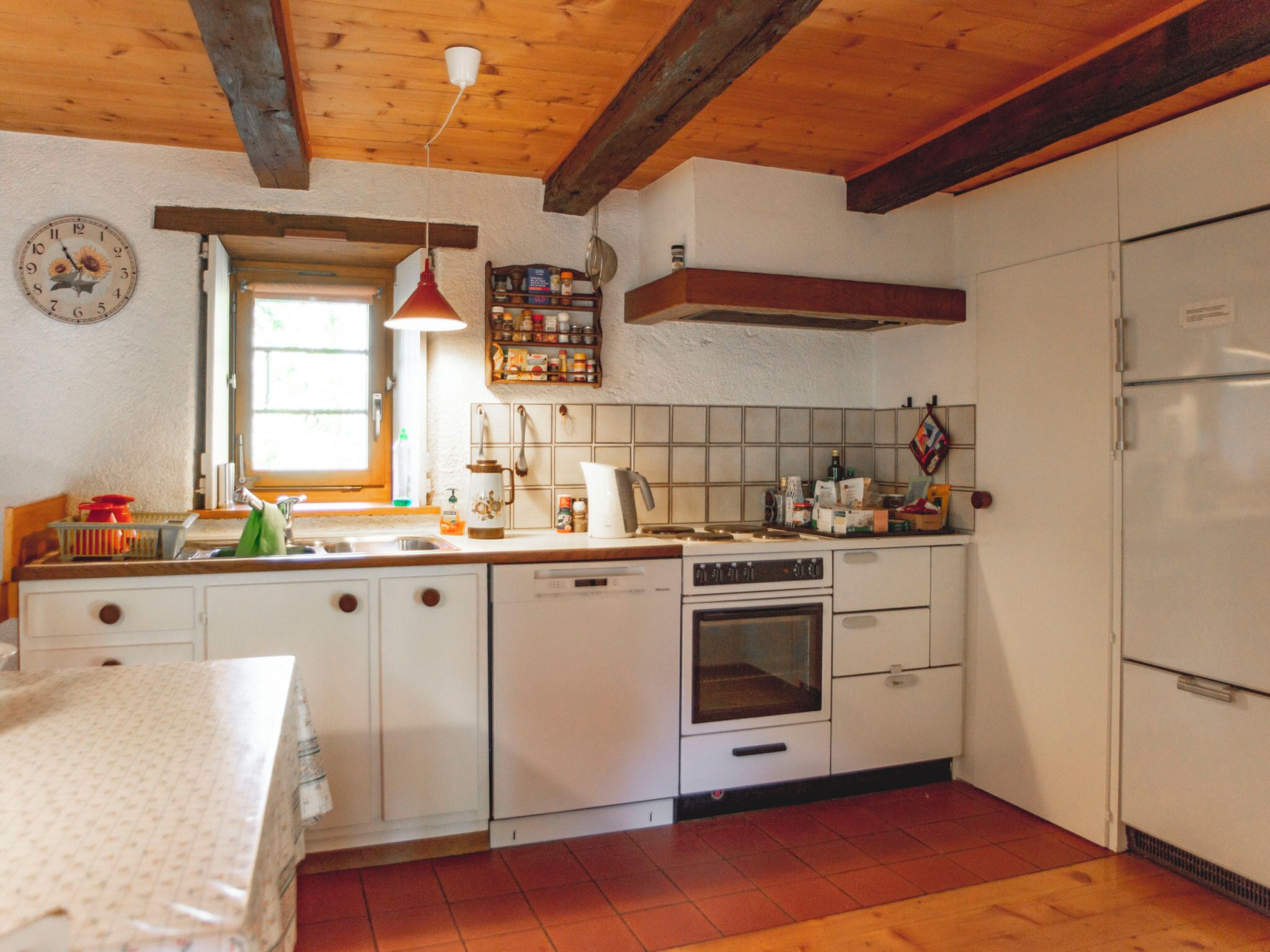 Fridge, oven, dishwasher, cookware/dishes/utensils