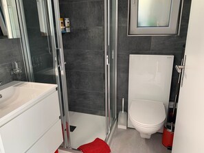 A modern bathroom with a glass shower enclosure, a white toilet, and a white sink. - Studio - Les Biches, (Delsberg), by Interhome (Delémont - Delsberg)