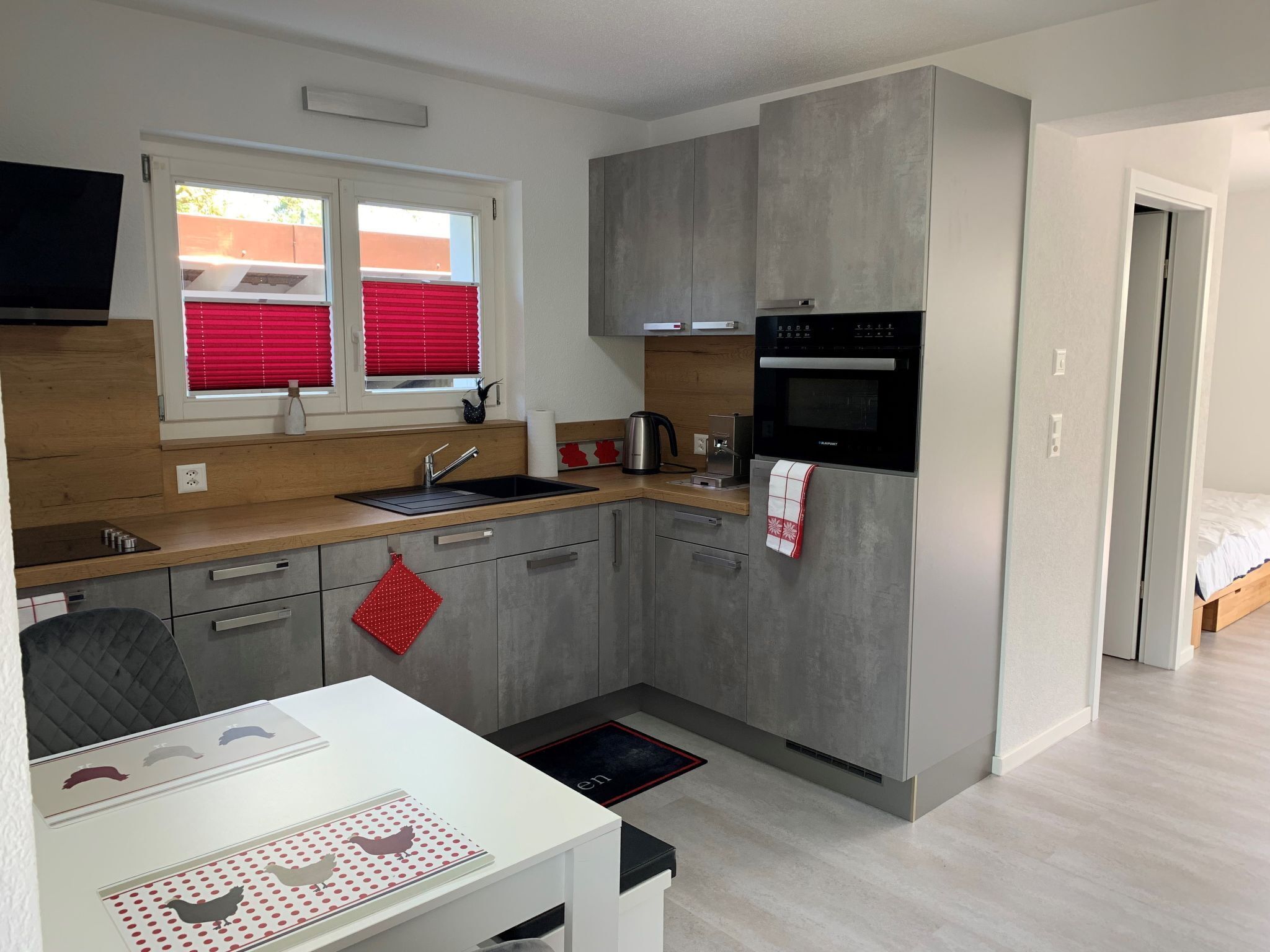 Fridge, microwave, oven, cookware/dishes/utensils