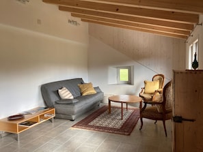 A living room with a grey sofa, wooden coffee table, patterned rug, and a wooden cabinet. - Appartement et B&B - Ferme O'Badu, (Les Breuleux), by Interhome (Les Breuleux)