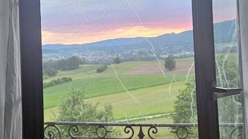 A view through a window with a balcony, featuring a landscape with fields and distant mountains under a cloudy sky.