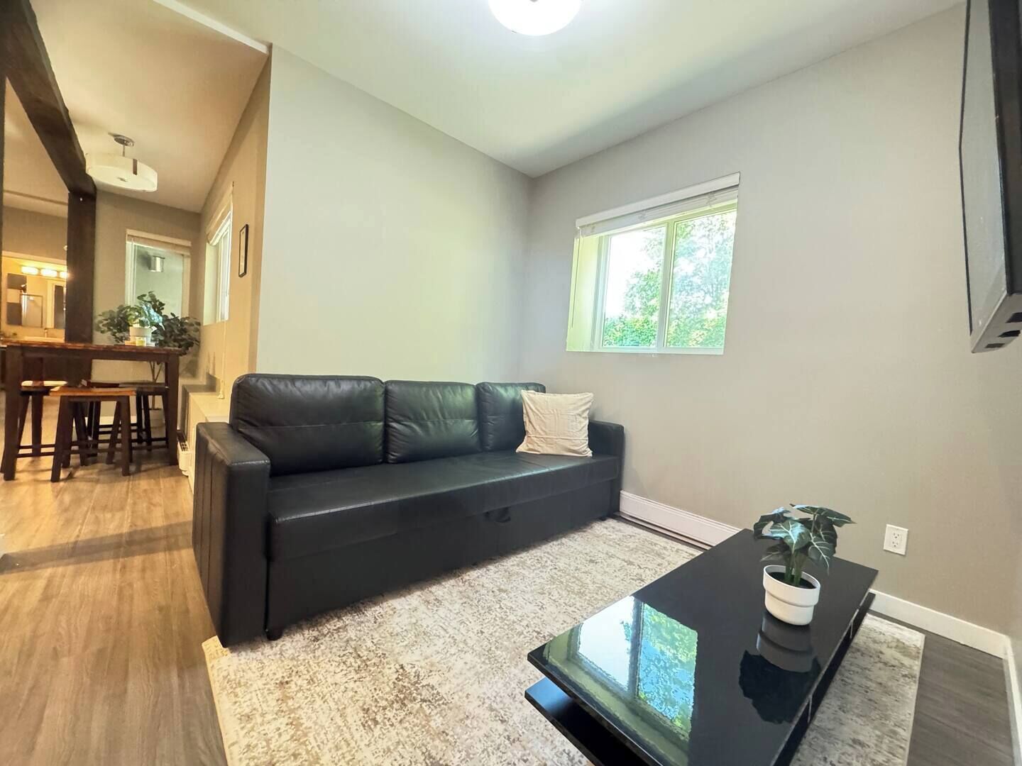 A living room with a black leather sofa, a coffee table, a dining area with a wooden table and chairs, and a window with a view of greenery.