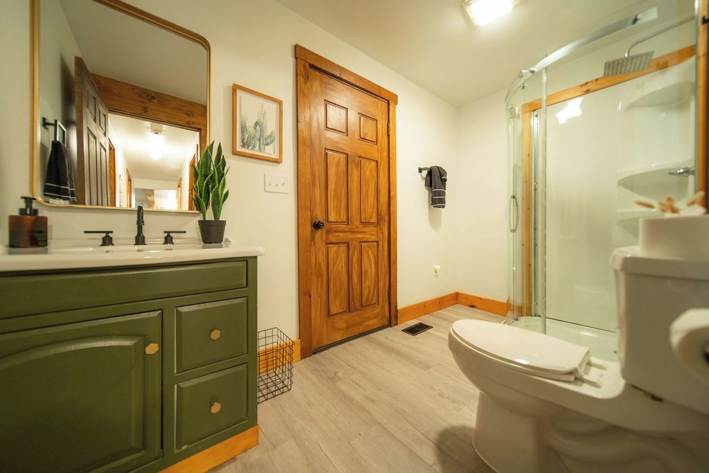 Une salle de bain avec une porte en bois, un meuble-lavabo vert, des toilettes blanches et une cabine de douche en verre.