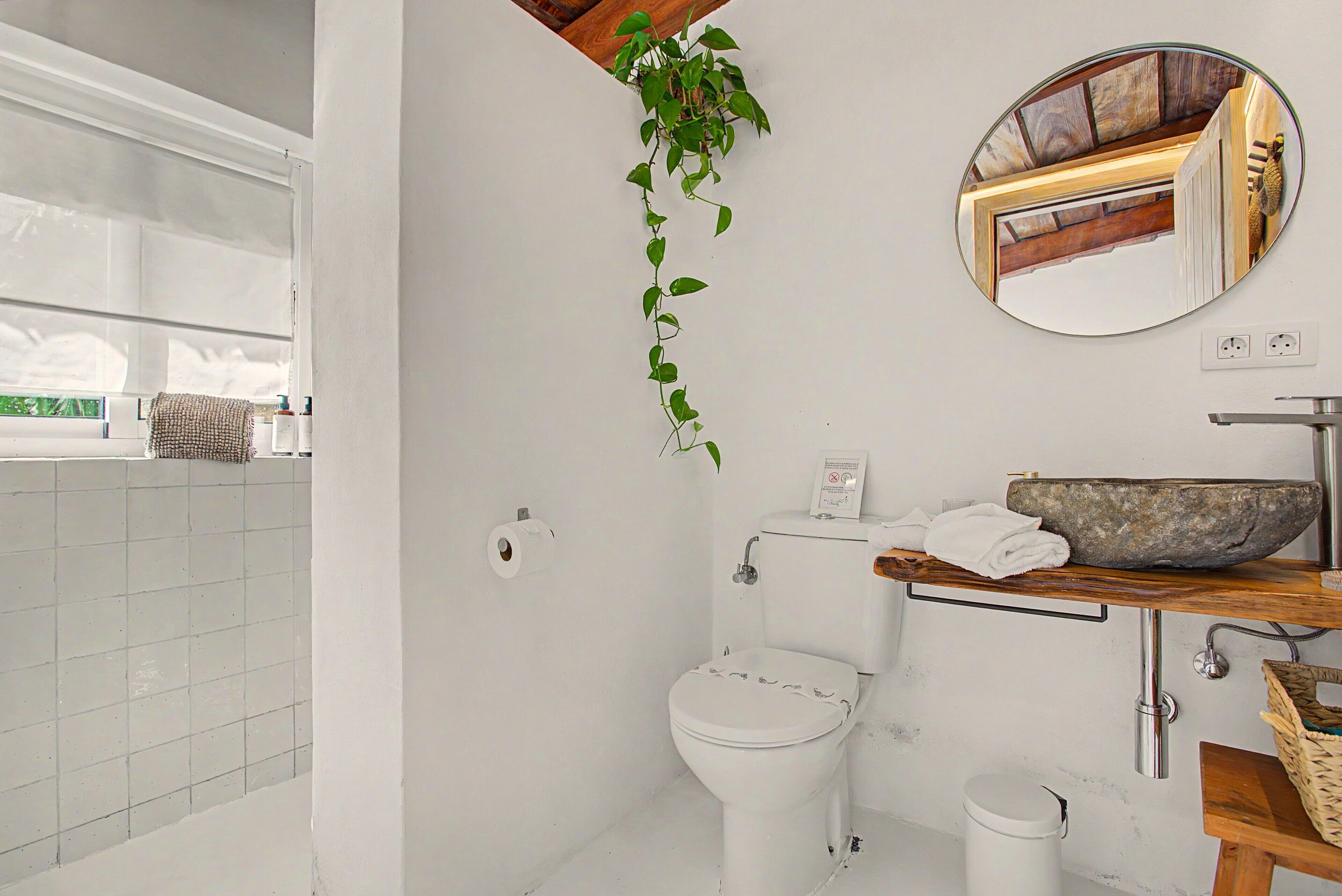 Een badkamer met toilet, wastafel en een hangende plant.