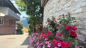 A street with a building on the left and a flower bed with pink and red flowers in front. - Nice apartment for 8 people with WIFI, TV and pets allowed (Zell Am See)