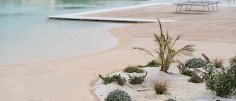 A pool area with a sandy beach, lounge chairs, and a small garden with various plants.