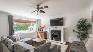 A living room with a sofa, a coffee table, a fireplace, a television, and a plant. - 4-Bedroom Home | Sleeps 10 | Parking | Garden - Pass the Keys (Basildon)