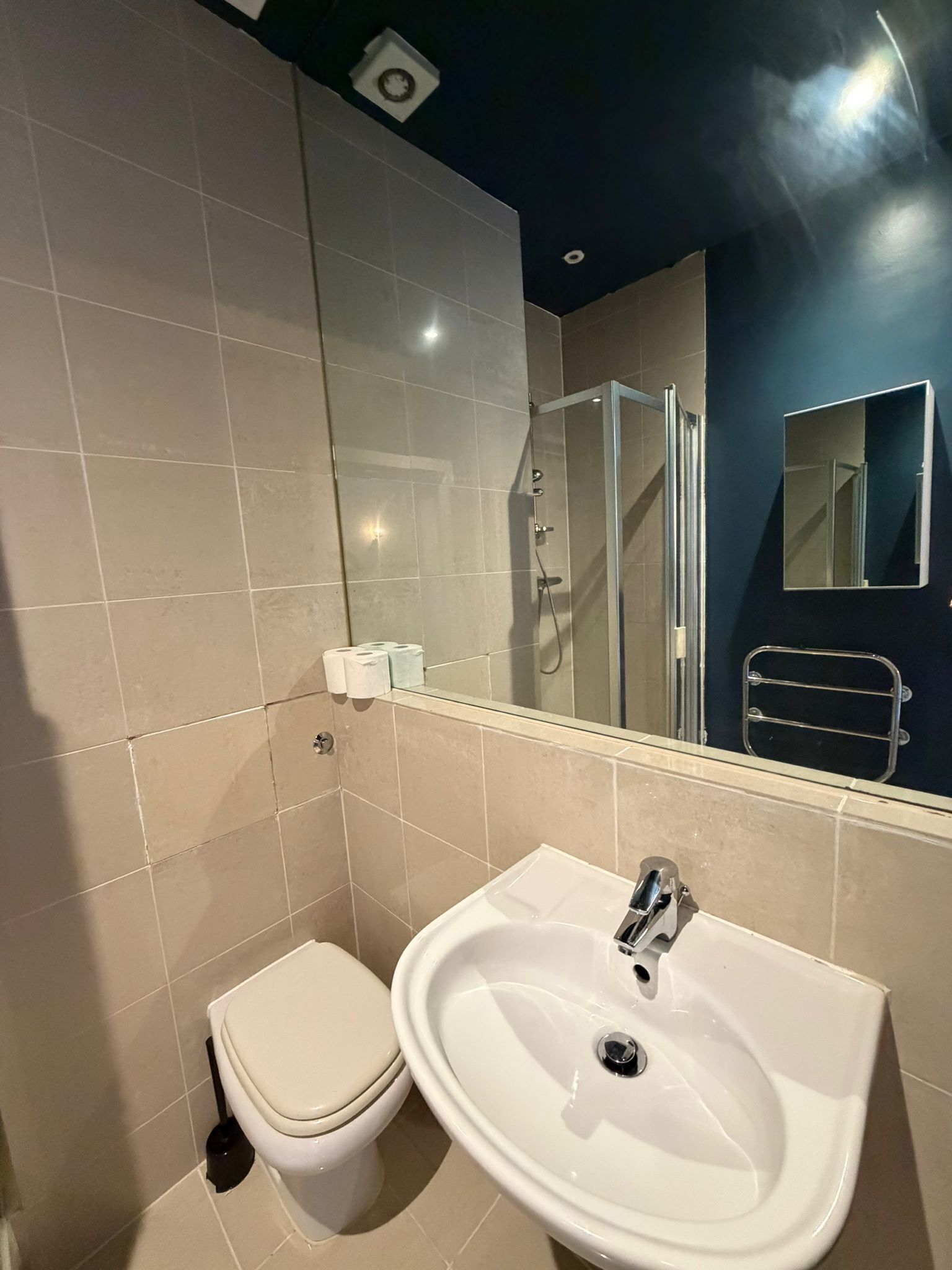 A bathroom with a toilet, sink, and shower.