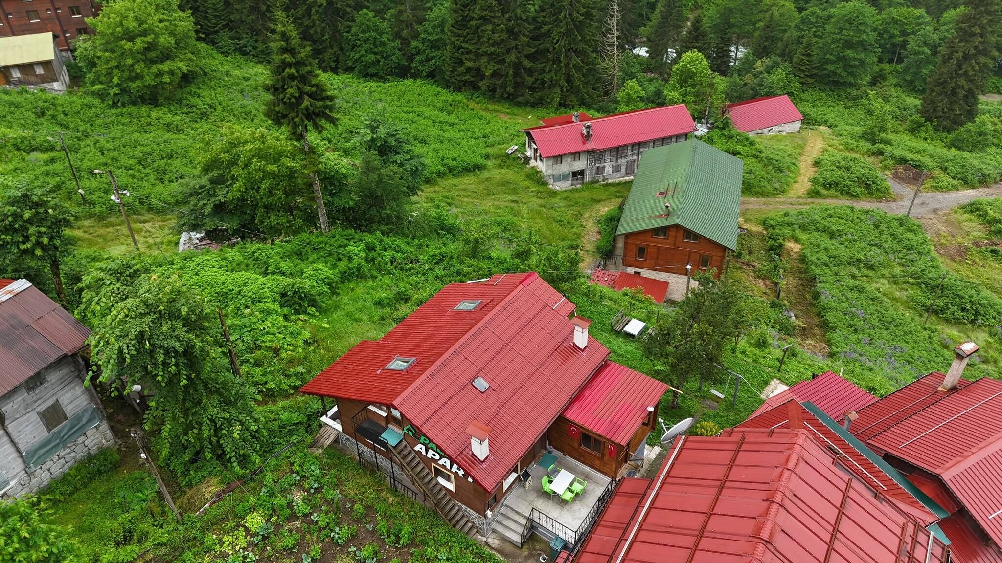 Et landligt landskab med flere huse med røde tage, omgivet af frodig vegetation.