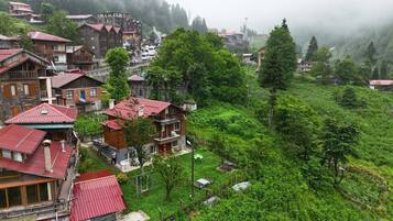Un villaggio montano con case in legno tradizionali, una strada asfaltata e vegetazione lussureggiante.