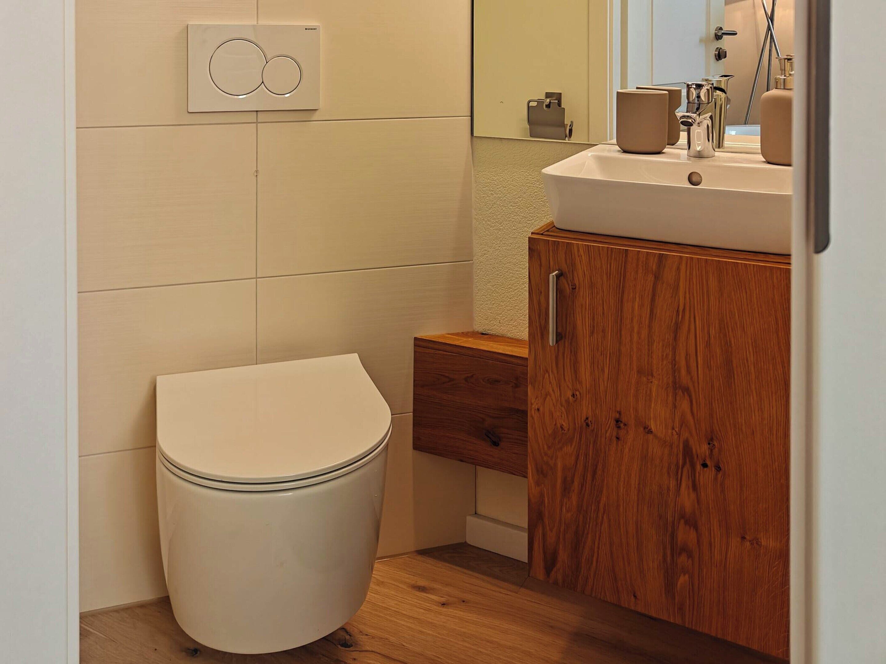 A modern bathroom with a toilet, wooden cabinet, and a sink with a mirror above it.