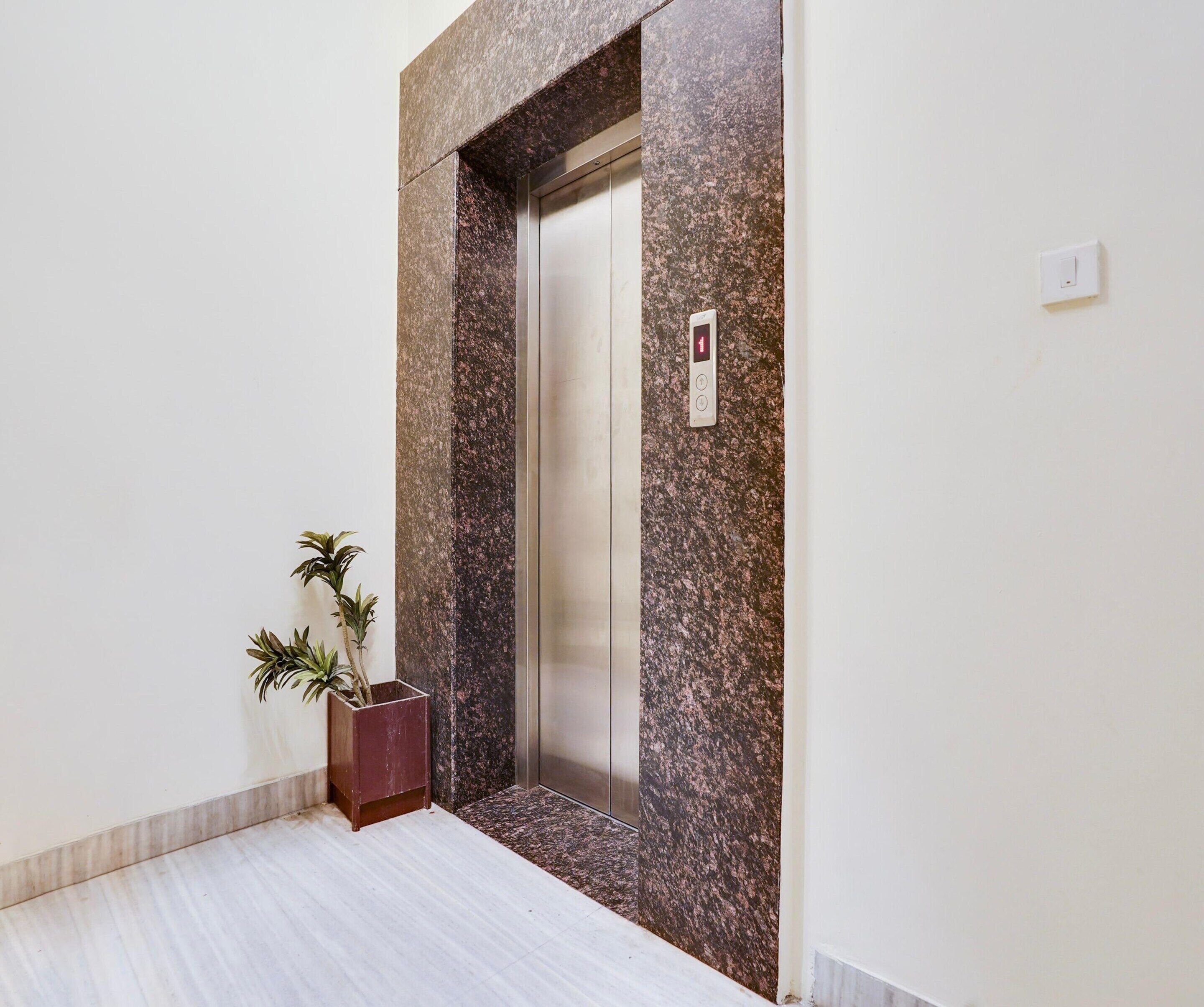Een lift met een marmeren wand, een potplant en een lichtschakelaar aan de muur.