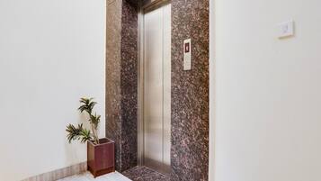 Een lift met een marmeren wand, een potplant en een lichtschakelaar aan de muur.