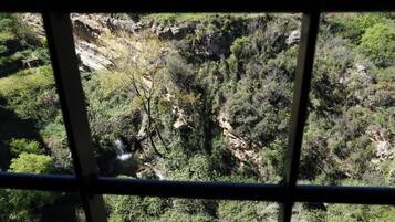 A view through a window with a metal grid, featuring a natural landscape with a waterfall, dense greenery, and rocky terrain.