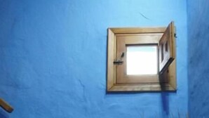 A room with a blue wall, a window with a wooden frame, and a potted plant.