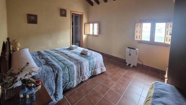 A bedroom with a bed, a radiator, and a window.