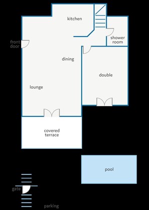 Grundriss mit Küche, Essbereich, Wohnbereich, überdachter Terrasse, Duschbad, Doppelzimmer und Pool.