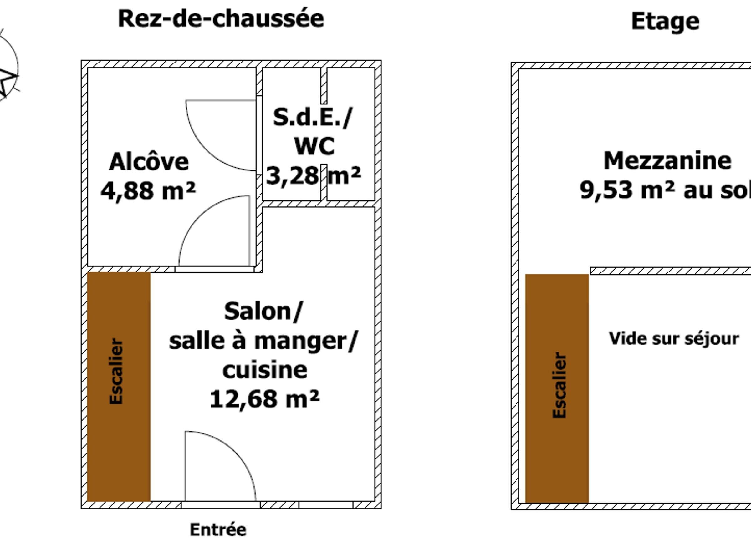 Een plattegrond van een hotelkamer met een balkon, een kitchenette en een badkamer.