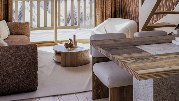 A modern living room with a wooden dining table, a sofa, and a view of a snowy landscape through a window. - Apartment with mountain view - 8 guests (Méribel)
