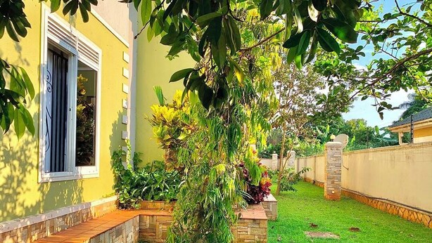 Un immobile residenziale con un prato curato, un vialetto in pietra e diverse piante.
