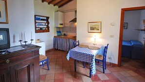 A dining area with a checkered tablecloth, chairs, a small table with a lamp, a television on a cabinet, and a shelf with bottles.