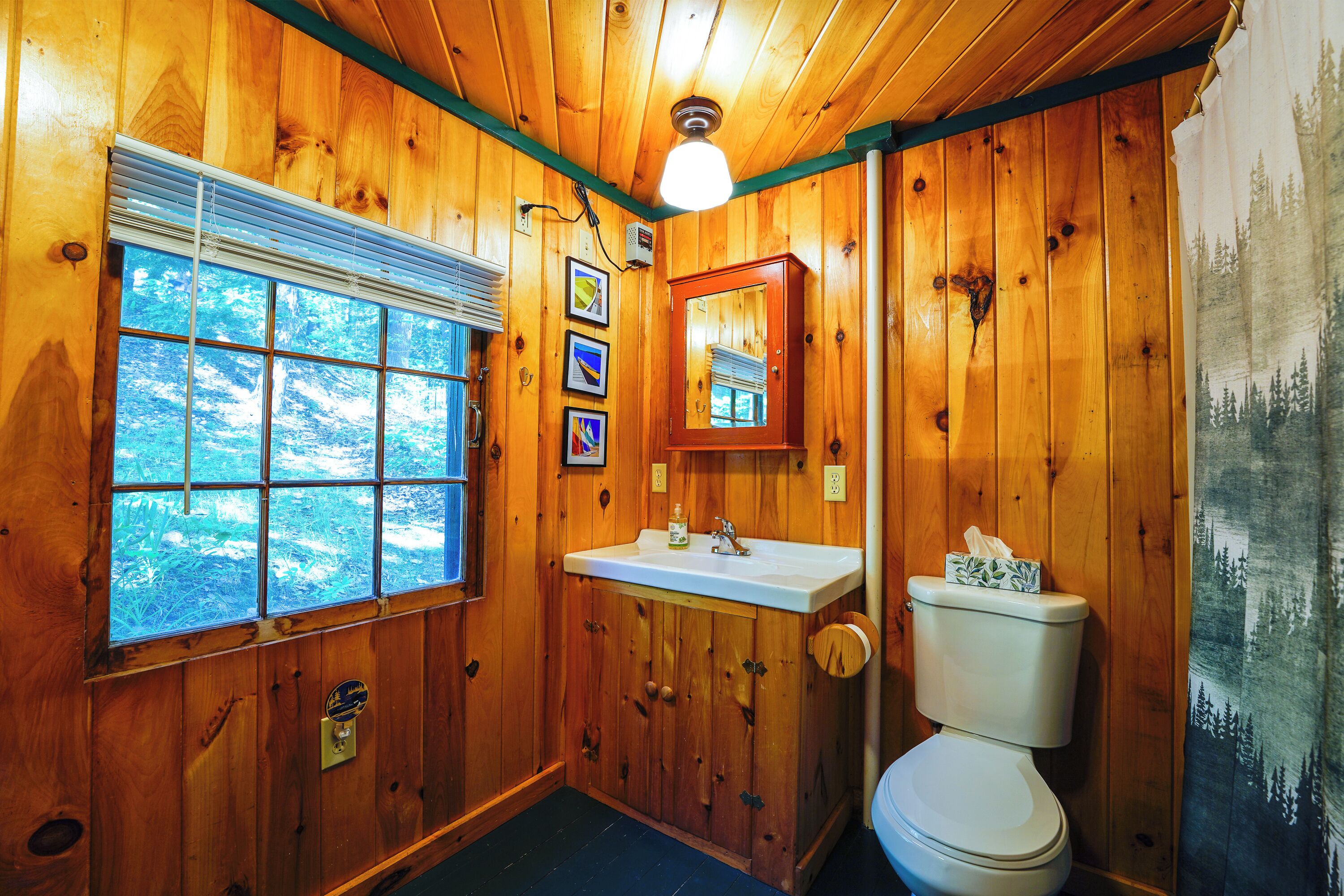 Une salle de bain en bois avec une fenêtre, un lavabo et des toilettes.