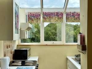 Eine Küche mit Fenster, Mikrowelle und Herd.