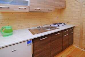 A compact kitchen with a sink, stove, and cabinets. - Comfortable Holiday Home Very Close to the Beach (Ustronie Morskie)