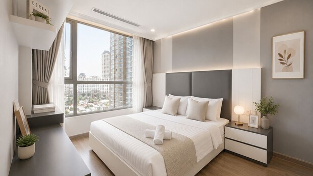 Een moderne slaapkamer met een groot bed, nachtkastjes, uitzicht op de stad en een ingebouwde plank met een plant.