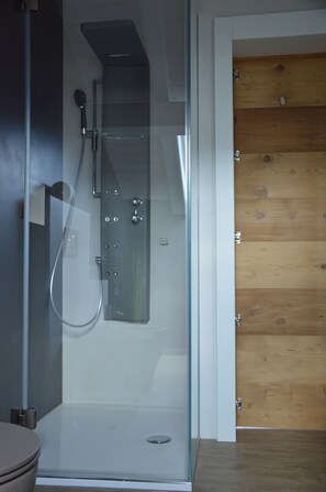 A glass-enclosed shower with a handheld showerhead and a wall-mounted control panel. - Mountain Suite apartment with a sauna and an open-plan bathtub (Sanzeno)