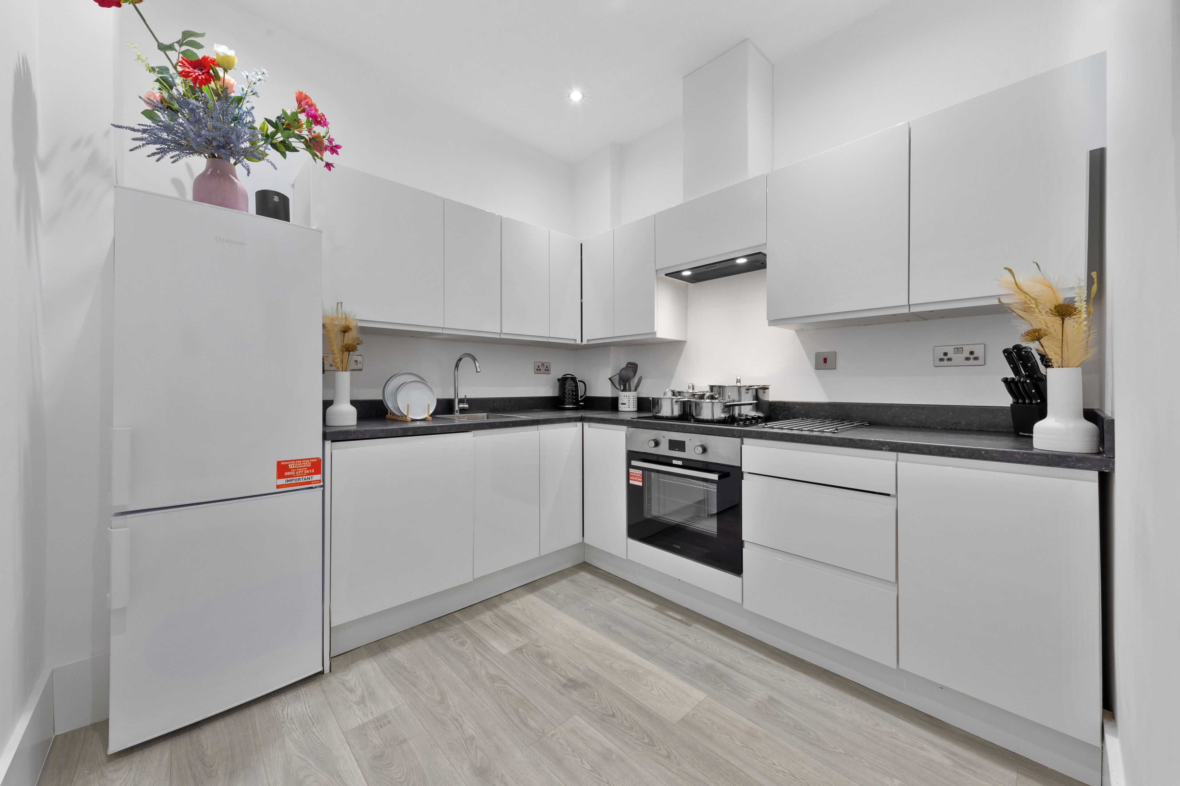 Frigorífico, horno, placa de cocina y utensilios de cocina