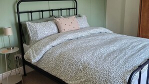 Un lit simple avec un cadre en métal, une table de chevet avec une lampe et un mur vert.