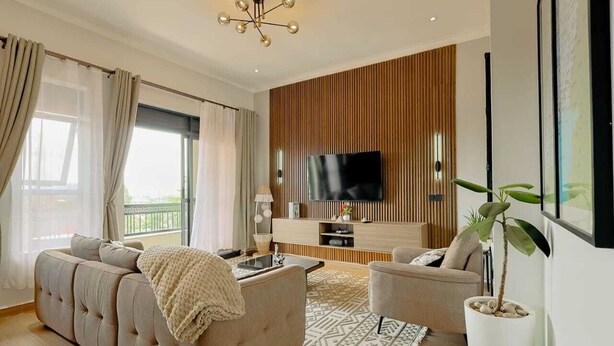 A modern living room with a sofa, armchair, TV, and a potted plant. - Cozy Lake View Haven (Kampala)