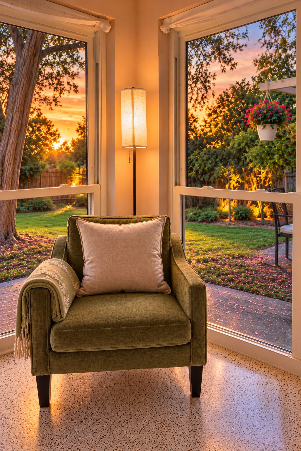 Ein grüner Sessel mit Kissen vor einem Fenster mit Blick auf einen Garten und einen Sonnenuntergang.