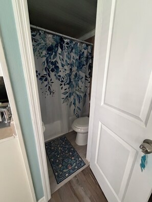 A bathroom with a toilet, a shower curtain with a floral pattern, and a blue patterned rug. - Peaceful room with kitchenette in peaceful Homosassa w/boat parking on premises. (Homosassa)