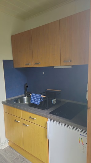 A compact kitchen with wooden cabinets, a stainless steel sink, and a built-in stove. - Country-Style Tiny Log Cabin (Wittmund)