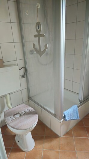 Shower, towels, toilet paper