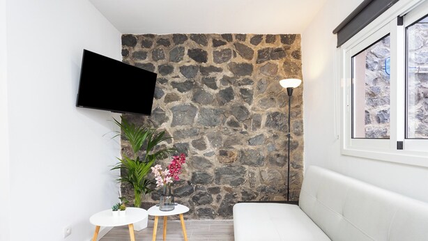 Ein modernes Wohnzimmer mit Steinwand, Flachbildfernseher, weißes Sofa, ein kleiner runder Tisch mit Blumenvase und einer Stehlampe.