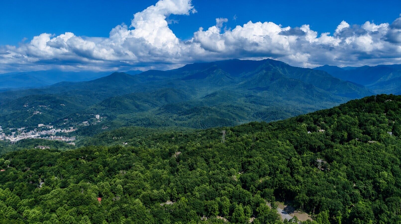 A mountainous landscape with dense forest and a clear sky.