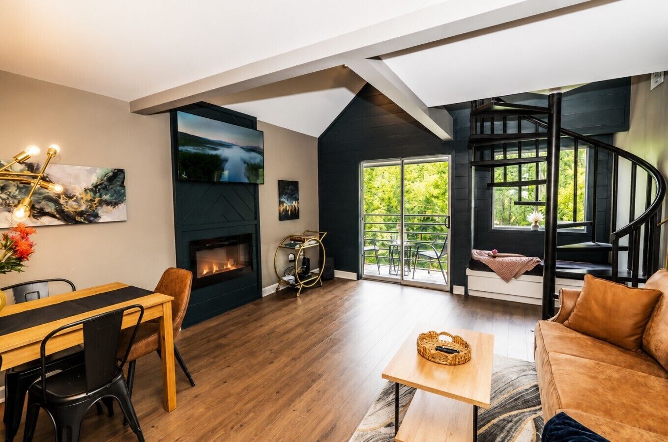 Smart TV, fireplace, books