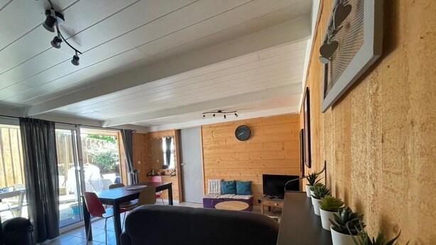 Ein Wohnzimmer mit einer Couch, einem Esstisch, einem Fernseher und Blumentöpfen.