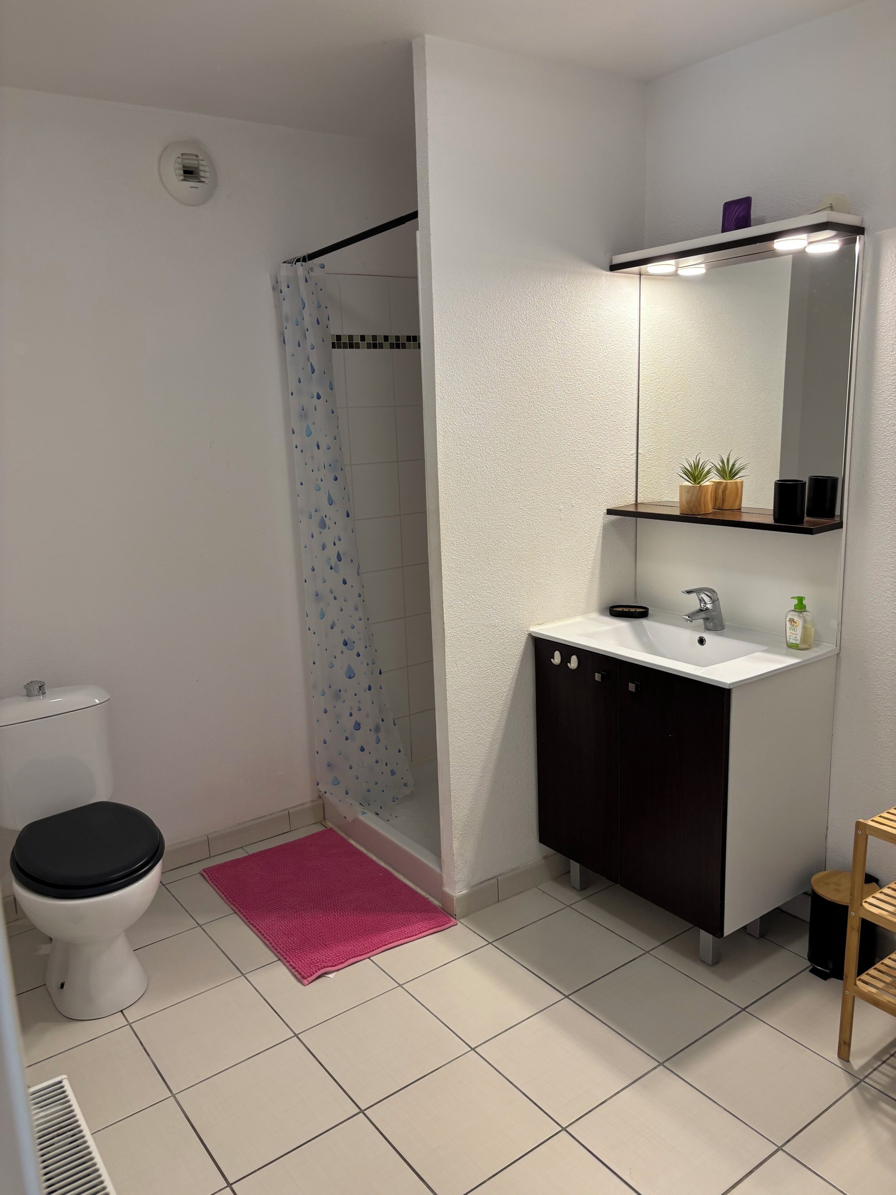 Een douche, handdoeken, toiletpapier