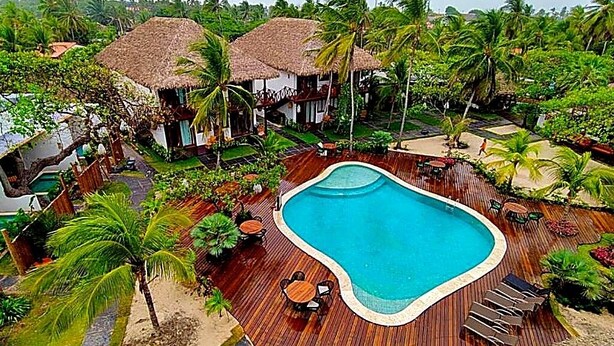 Un resort con piscina, terraza de madera y edificios de techo de paja, rodeado de palmeras.