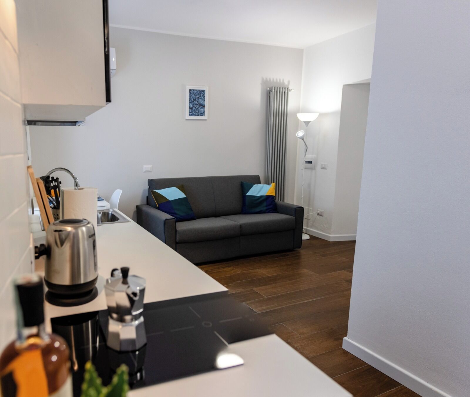 A modern living room with a grey sofa, a coffee machine, and a small kitchen area.