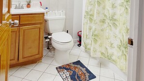 A bathroom with a toilet, sink, mirror, and shower curtain. - Beautiful Private room in a  2-bedroom apartment in vibrant Jersey City (Jersey City)
