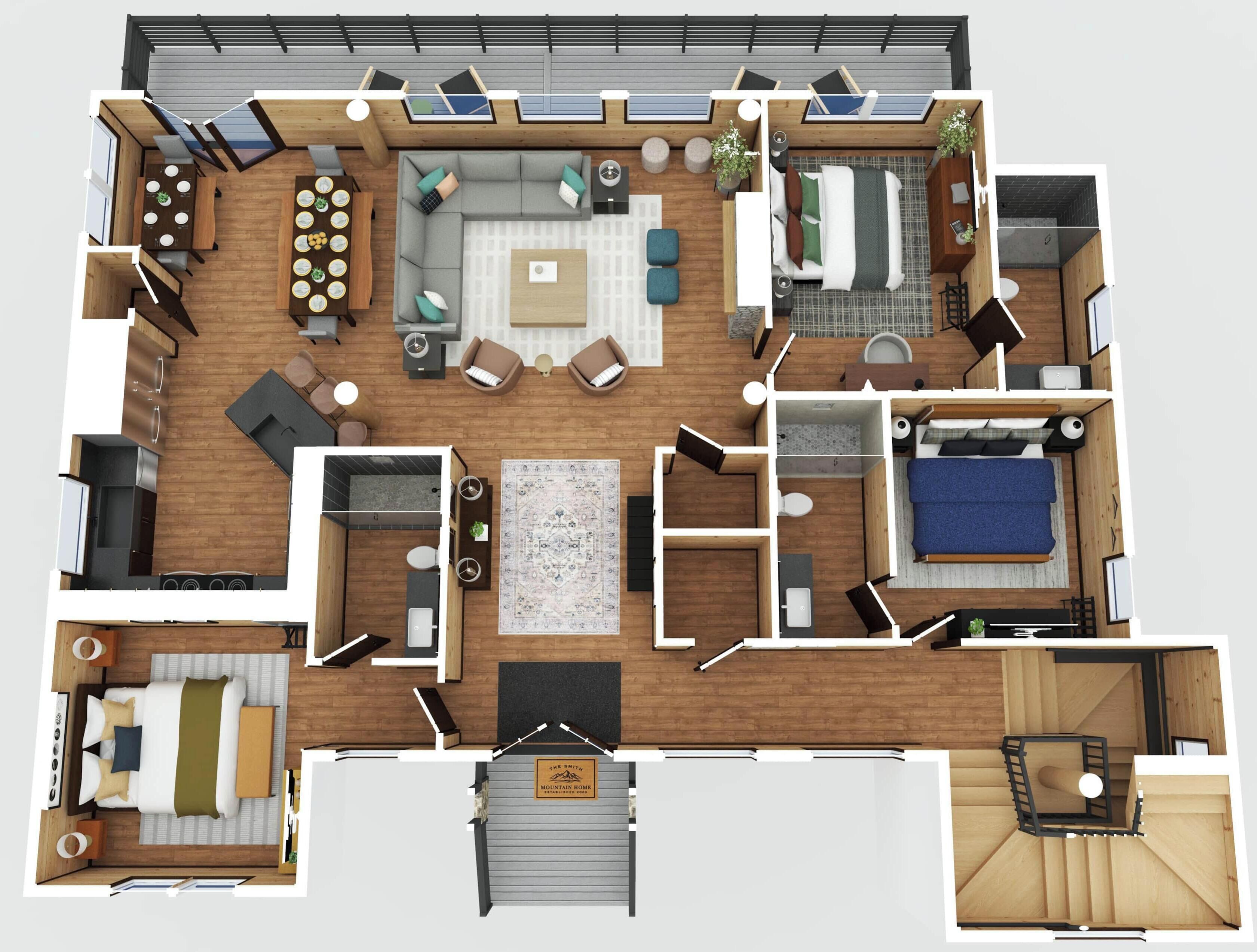 Ein Grundriss einer modernen Wohnung mit Wohnbereich, Küche, zwei Schlafzimmern, einem Badezimmer und einem Balkon.