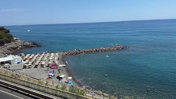 A coastal beach with umbrellas, a rocky breakwater, and a clear view of the sea.