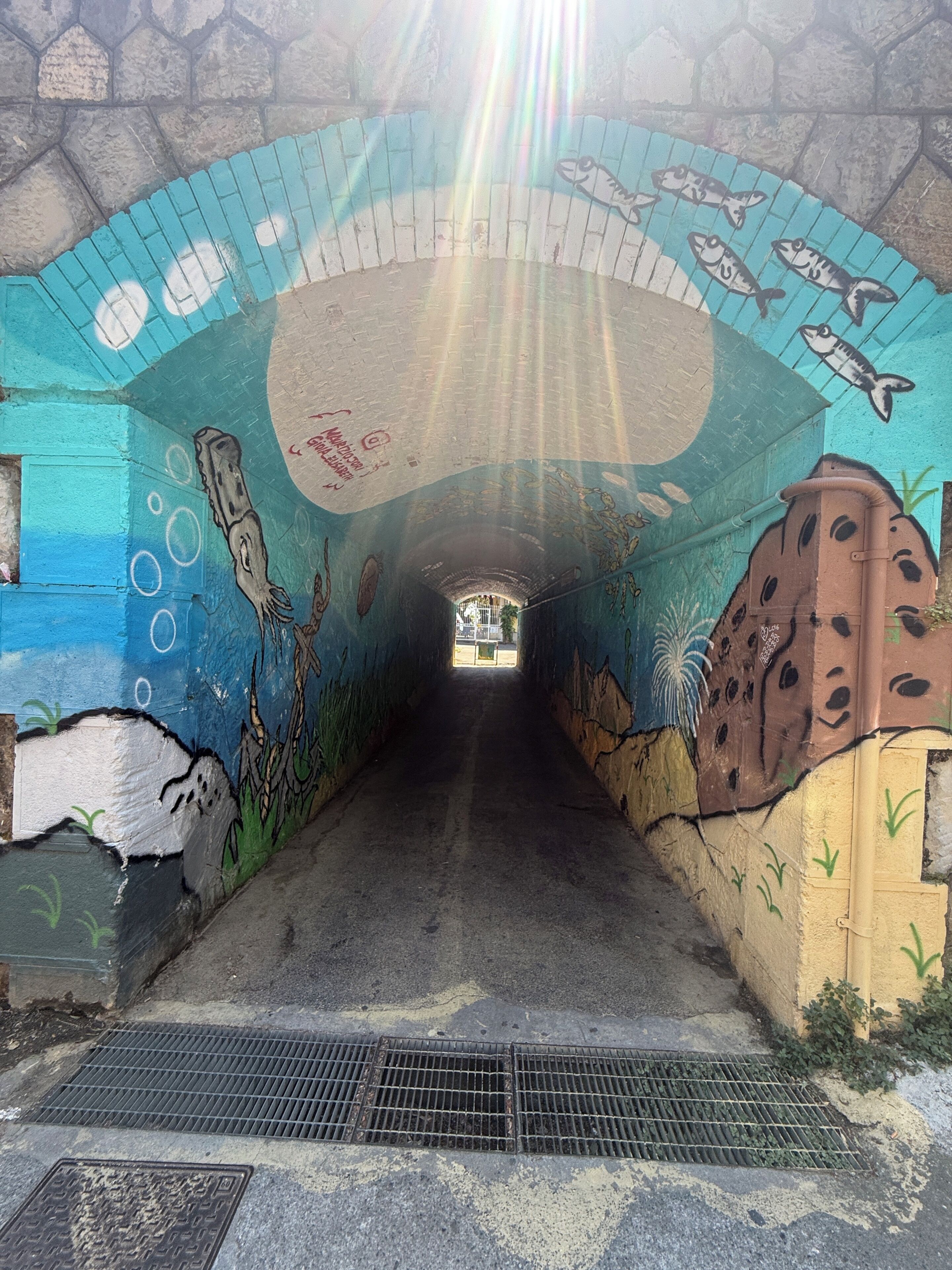 An underwater-themed tunnel with murals of fish and sea creatures, leading to a brightly lit area.