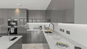 Coffee/tea maker, fridge, microwave, oven