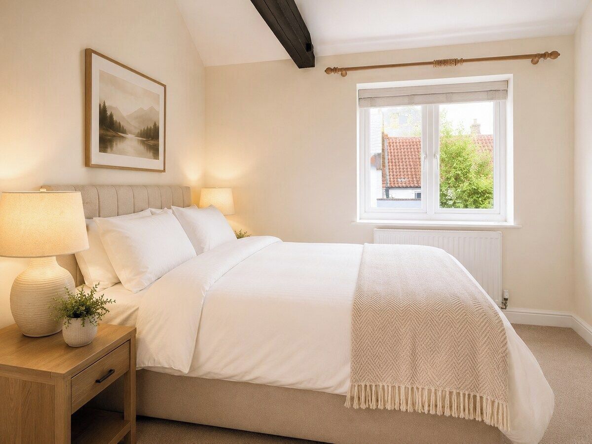Une chambre à coucher avec un lit, des lampes de chevet, une fenêtre, un radiateur et un tableau encadré au mur.